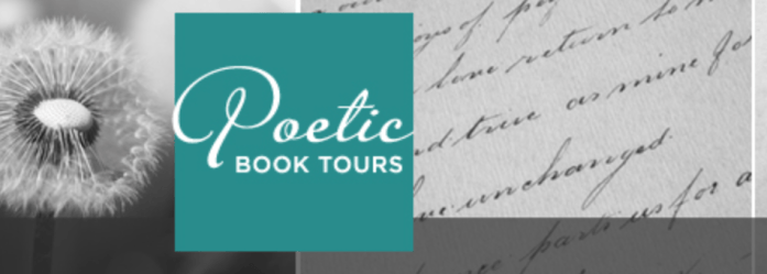 Logo of Poetic Book Tours featuring elegant typography on a teal background, with a dandelion and handwritten notes in the background.