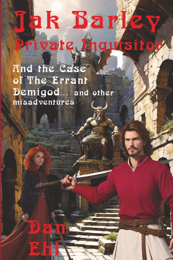 Book cover featuring two characters: a woman with red hair in a dark outfit holding a weapon and a man with long hair in a red shirt standing confidently. The background shows ancient ruins and a large statue.