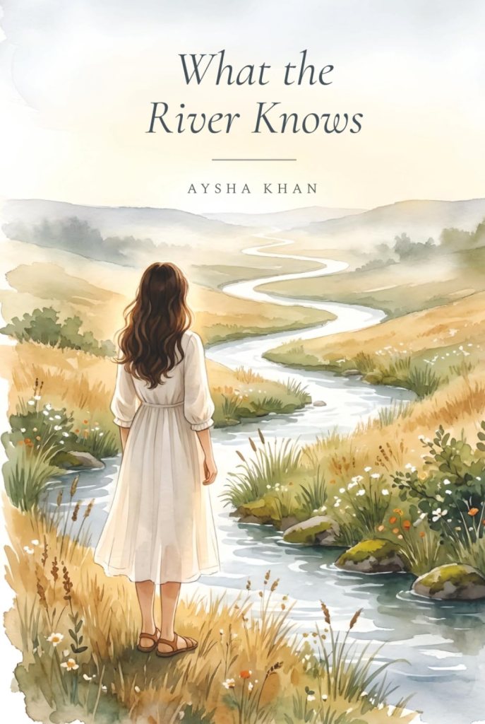 A young woman in a white dress stands by a serene river, gazing at a winding waterway surrounded by green fields and flowers, with the title 'What the River Knows' and author's name 'Aysha Khan' displayed above.