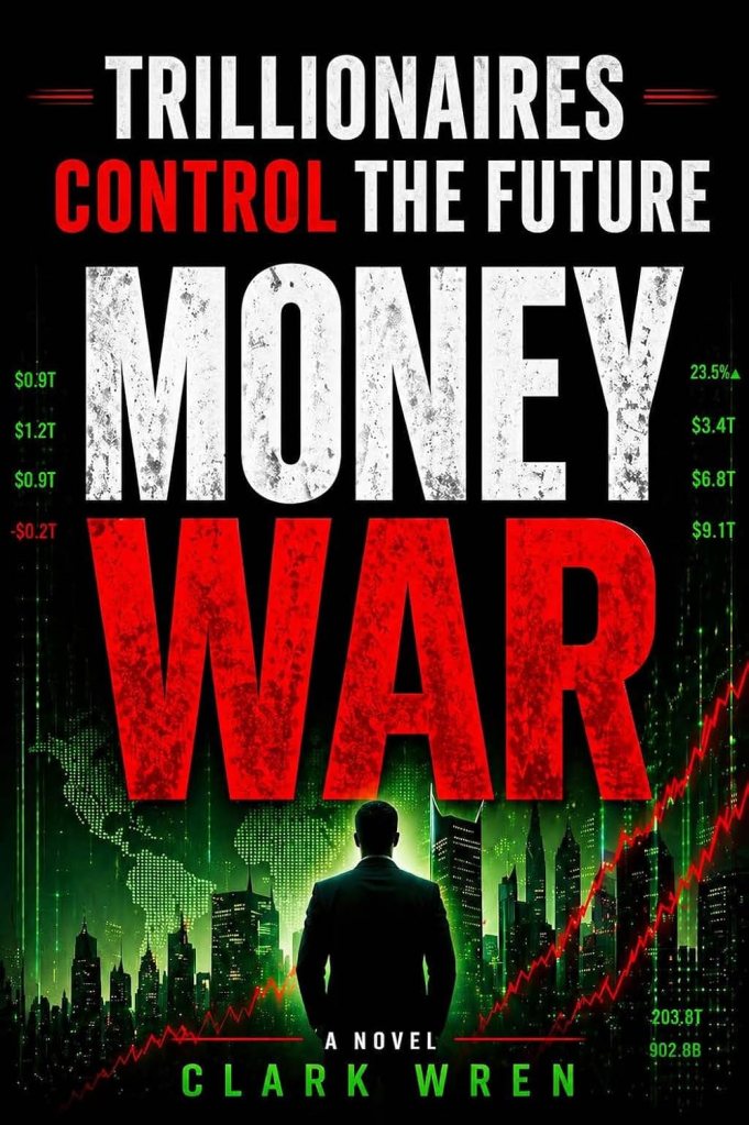 Book cover for 'Money War' by Clark Wren, featuring the title in bold red and white text against a dark background with a silhouette of a man in a suit and a city skyline with financial graphs.