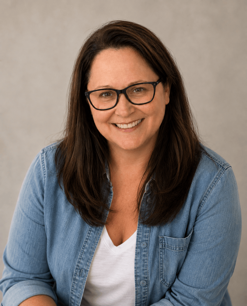 A woman with long brown hair, wearing glasses and a denim shirt over a white t-shirt, smiling at the camera against a light gray background.